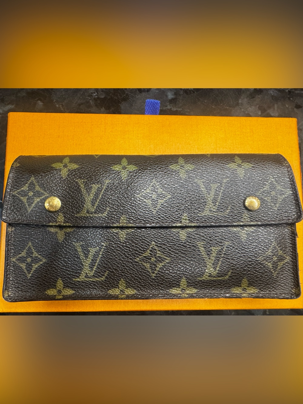 Authentic Louis Vuitton Monogram Canvas Trifold Wallet in Brown and Gold